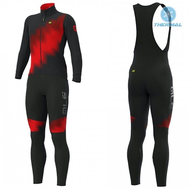 2019 ALE Pulse Zwart-Rood Thermal Fietskleding Set Wielershirts Lange Mouw+Lange Wielrenbroek Bib 465BZNS